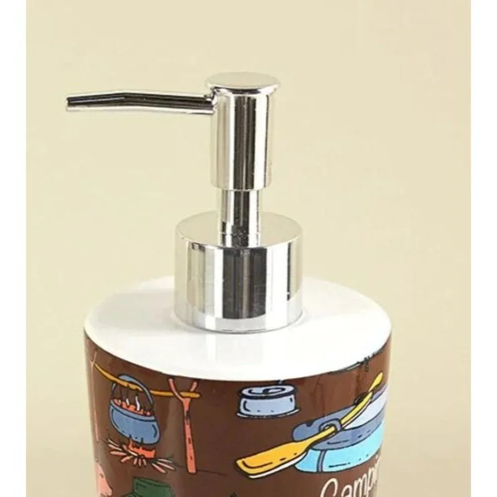 Campsite Soap Dispenser Tents Canoe Fishing Bears Camp Fire on Brown Retro Style